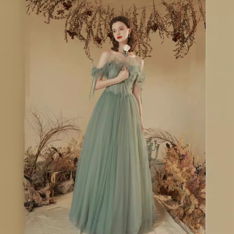 Women'S Fashion Middle Ages - 2026年夏新作レディースバンケットイブニングドレス おしゃれでスリムなワンショルダーメッシュセクシーVネックバックレスロングドレス