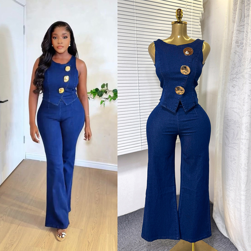 Women Fashion Jeans Top - ファッションデニム レディース ラウンジウェアセット ノースリーブボタンタンクトップとワイドレッグジーンズパンツスーツ 2025 ホリデーアウトフィット