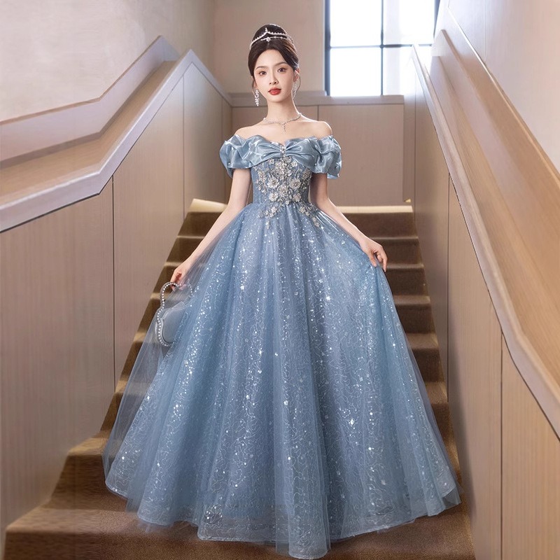 Women'S Fashion Middle Ages - 2026年女性用新作夏ワンピース 片肩刺繍入りブルーイブニングドレス おしゃれでスリムなバンケット・社長会見用イブニングドレス