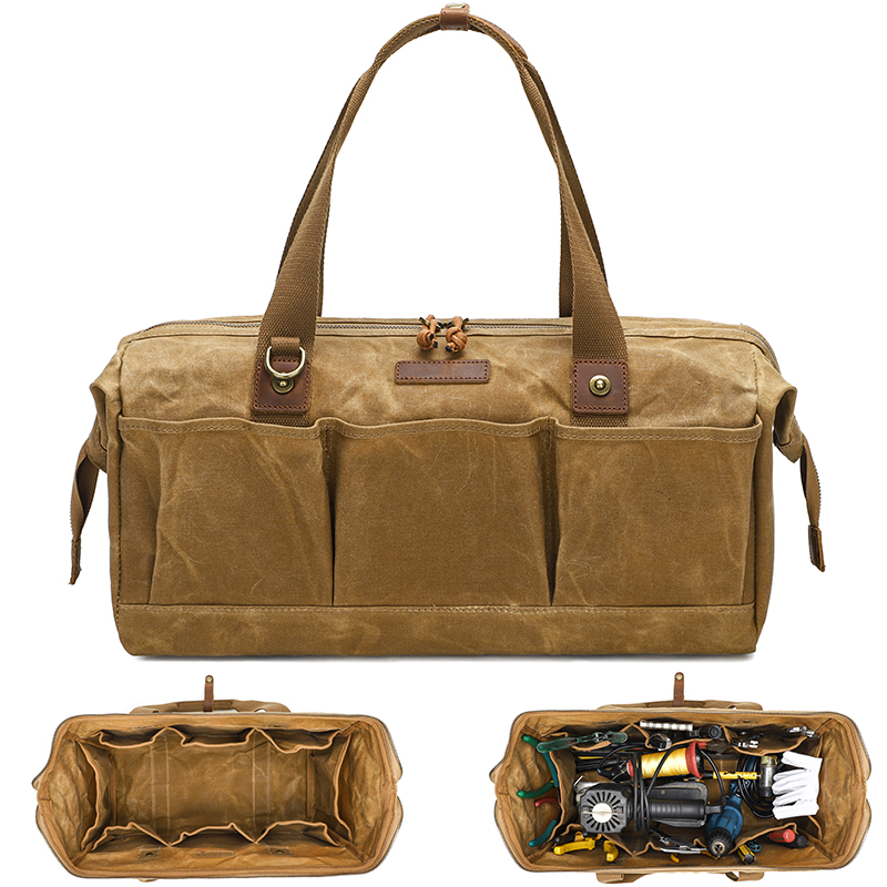 Canvas Tote Bag - ヘビーデューティワックスキャンバスツールバッグマルチポケットポータブルハンドツールストレージオーガナイザー大容量多目的作業ツールキットバッグ