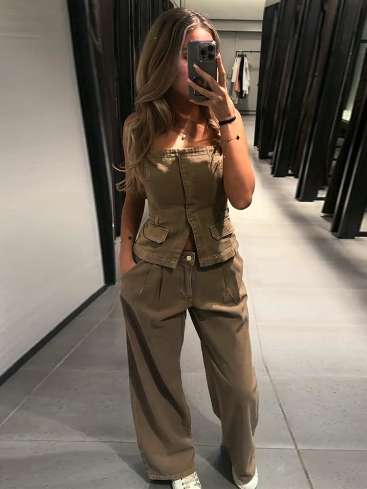 Women Fashion Jeans Top - Y2K風レディースチェストラップベストパンツスーツ2026スリムノースリーブカウボーイトップハイウエストボタンジーンズ女性用セットファッションソリッドレディセット