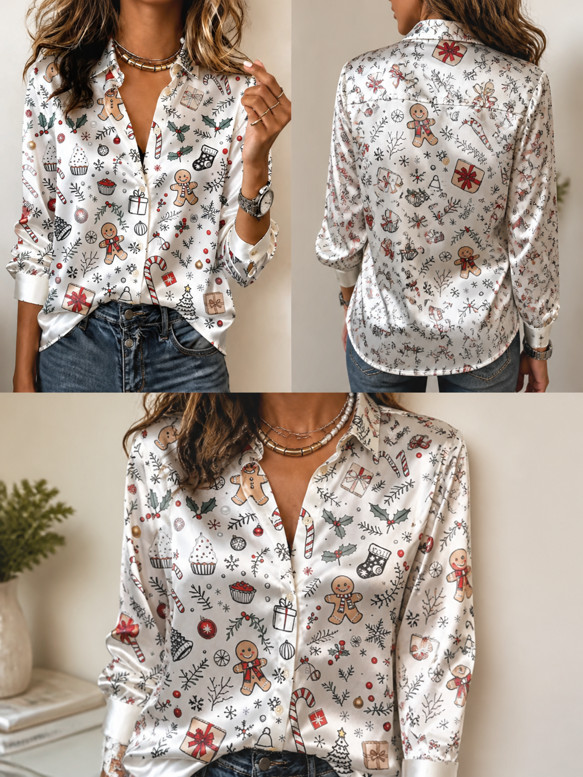 Women Fashion Outfits - ソフトラペル長袖サテンブラウス、女性用クリスマスジンジャーブレッドトップ、クリスマスデートカジュアル衣装に最適
