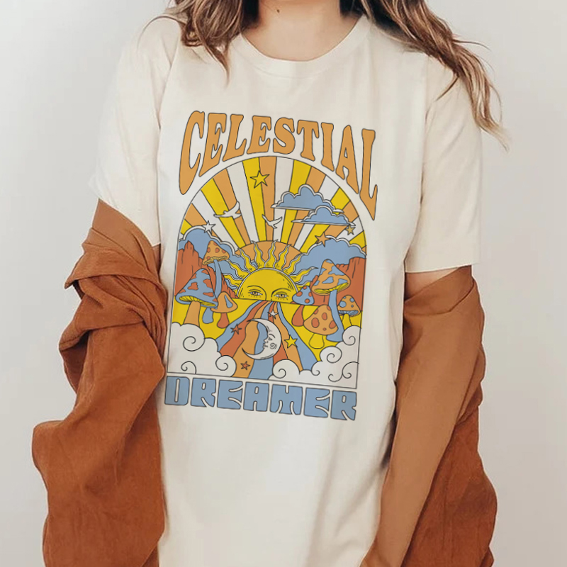 Women'S Fashion From The 70S - 女性のためのヴィンテージ自由奔放に生きるスタイルのプリントTシャツ,70年代,レトロ,カジュアル,キノコ,夏のルーズフィット