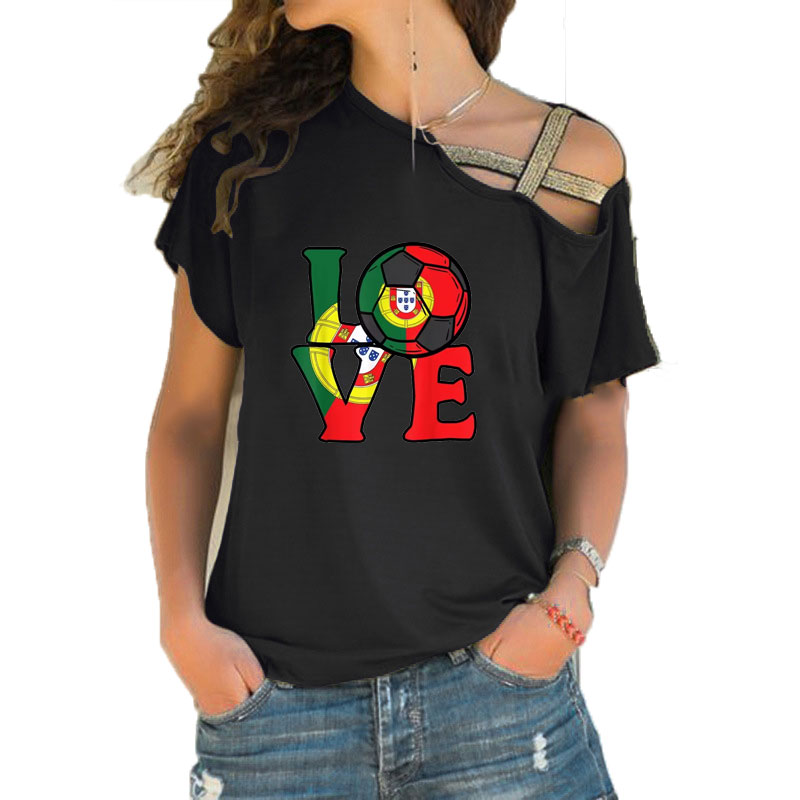 Women'S Fashion Portugal - 女性ルーズスラッシュネック Tシャツポルトガル国旗 Tシャツサッカーサッカーフラグ Tシャツ夏カジュアル不規則なスキューバンドゥトップス