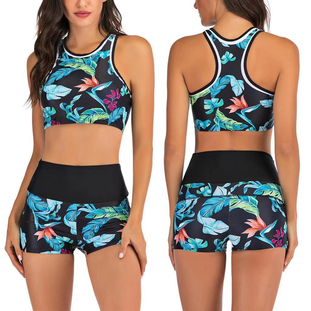Crop Top Women - Y2K ビキニ女性用タンキニ ショートパンツ付き クロップトップ ハイウエスト トロピカルプリント水着