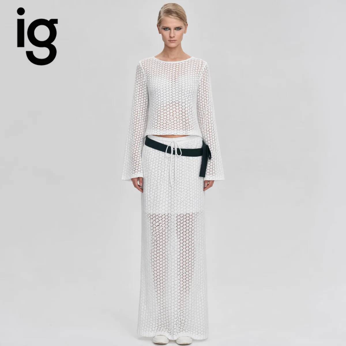 Crop Top Women - IG 2026 レディース ホローアウトニット ツーピースセット、フレアスリーブクロップドトップ＆ドローストリングウエストマキシスカート（ボウベルト付き）