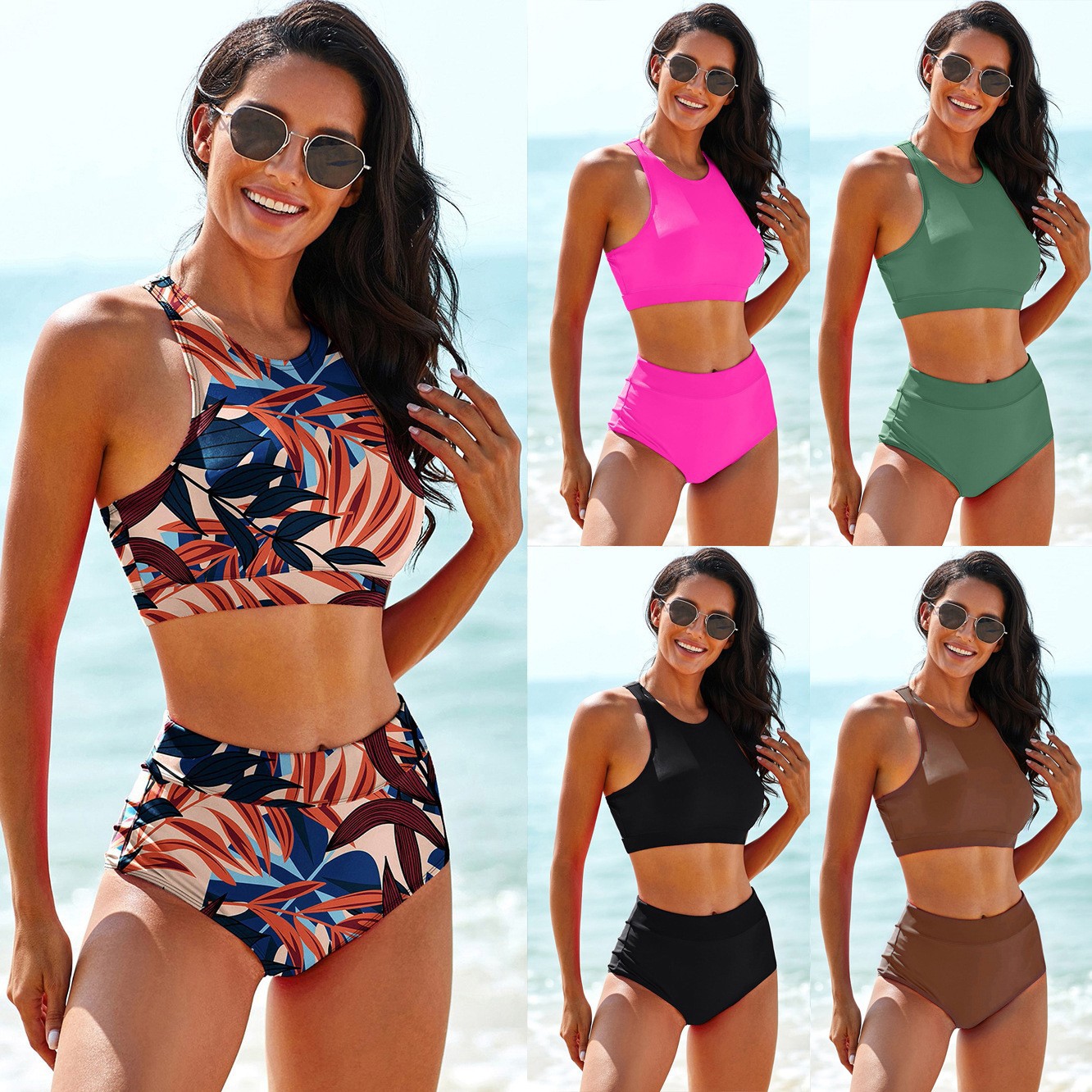 Crop Top Women - 女性用水着 ソリッドカラー タンキニ トロピカルプリント クロップタンキニトップ ツーピース