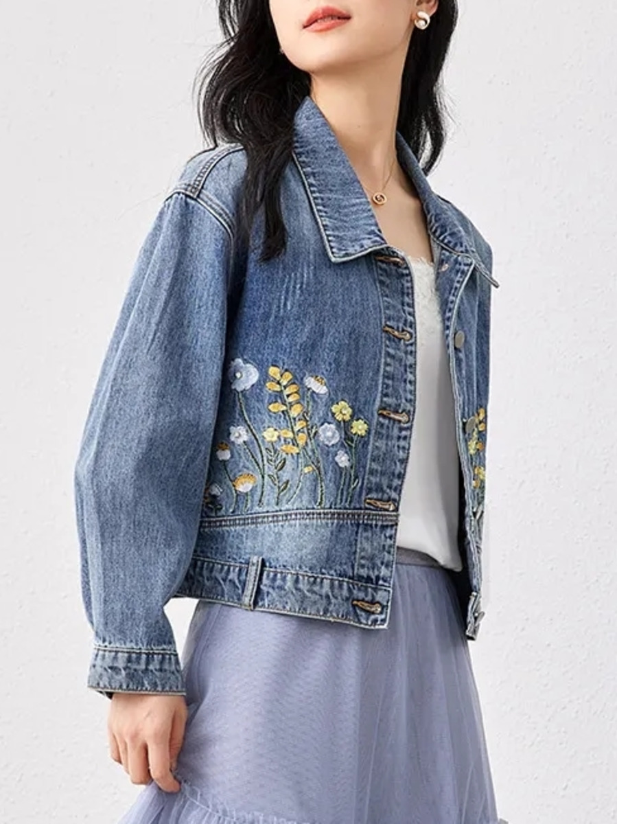 Women Fashion Jeans Top - 女性の刺繍入りデニムジャケット,花柄,カジュアル,ファッショナブル,春