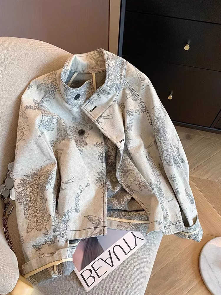 Women Fashion Jeans Top - レディース ライトグレー プリント デニムジャケット ヴィンテージ風 長袖