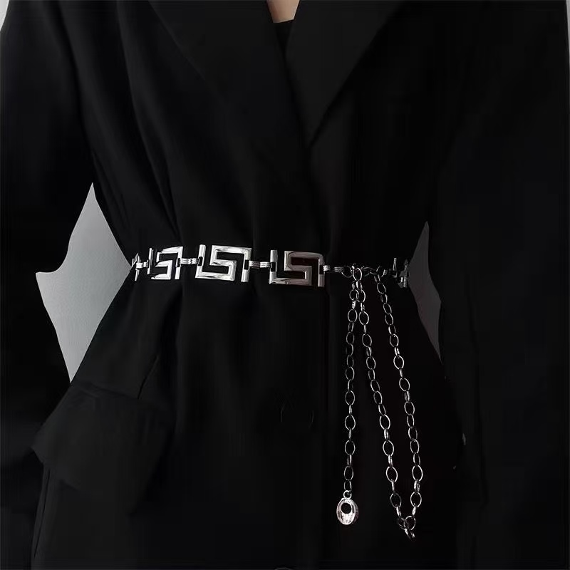 Women Fashion Jeans Top - ギリシャキー幾何学模様のメタルウエストチェーン、光沢のある装飾ボディベリーベルト、女性用ジーンズ、クロップトップ、ドレス、デイリーアウトフィットアクセサリー