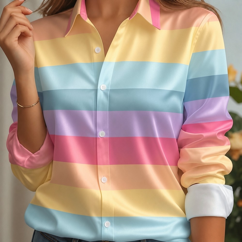 Women Fashion Outfits - 女性用サテンラペルカラーシャツ、パステルストライププリント、長袖ルーズブラウス、エレガントオフィスデイリーカジュアル、ボタンフロント、シルクのような肌触り