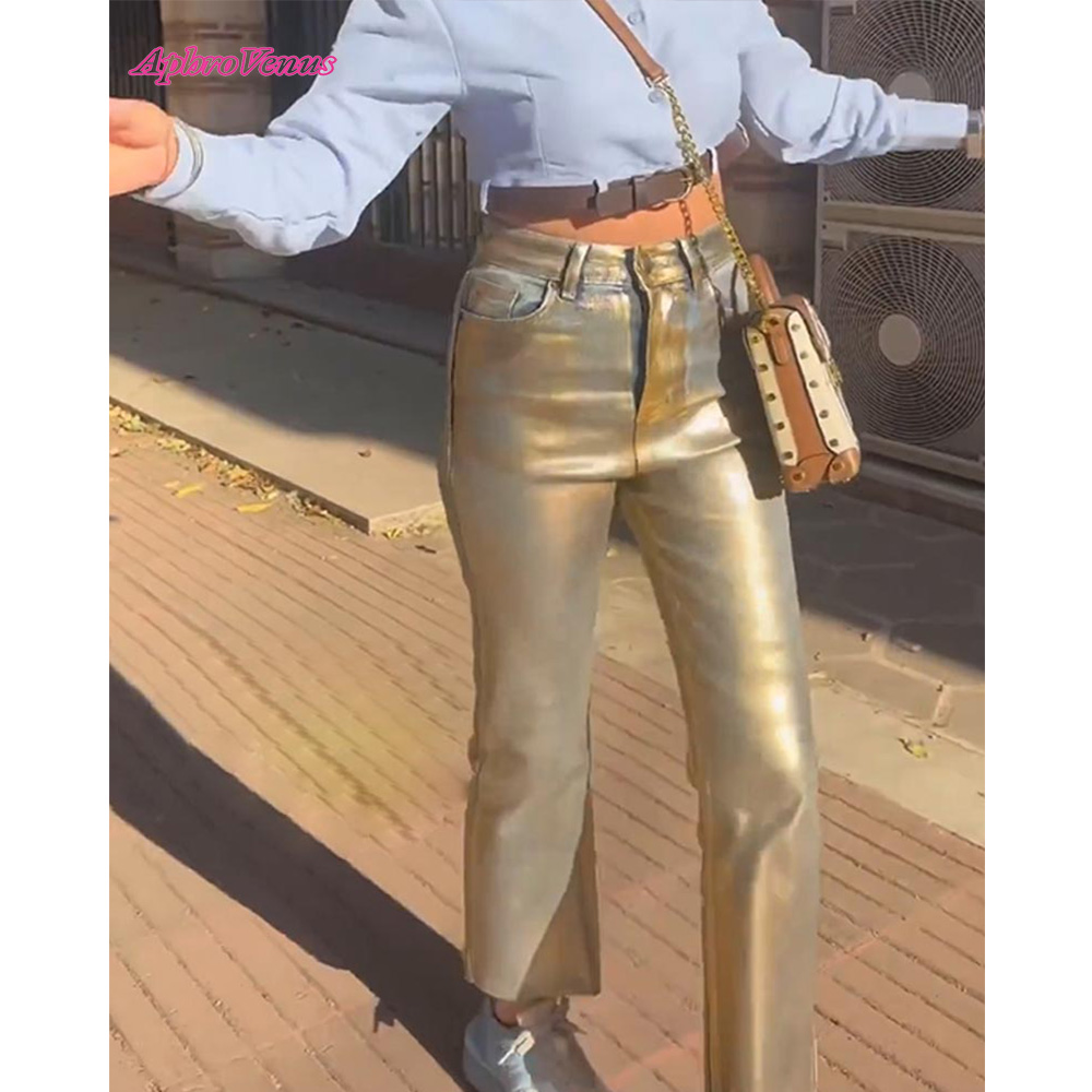 Women'S Fashion Gilded Age - 女性用ハイウエストゴールドコートルーズジーンズ、ストレートワイドレッグ、クールなデザイン、デニムパンツ、新しいファッション、ハイストリートパンツ