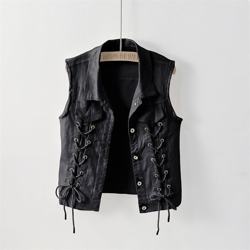 Women Fashion Jeans Top - ファッションデニムベスト女性春秋ノースリーブワイルドトップスショートジャケット女性ジーンズチョッキ白黒 Chaleco Mujer