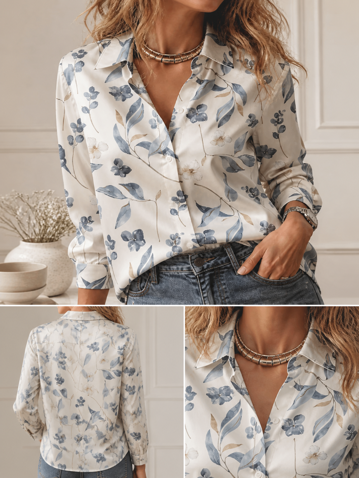 Women Fashion Outfits - カジュアルオールマッチ襟付きブラウス、女性用長袖ルーズフィットエレガントアウトドアデイリー通勤トップス