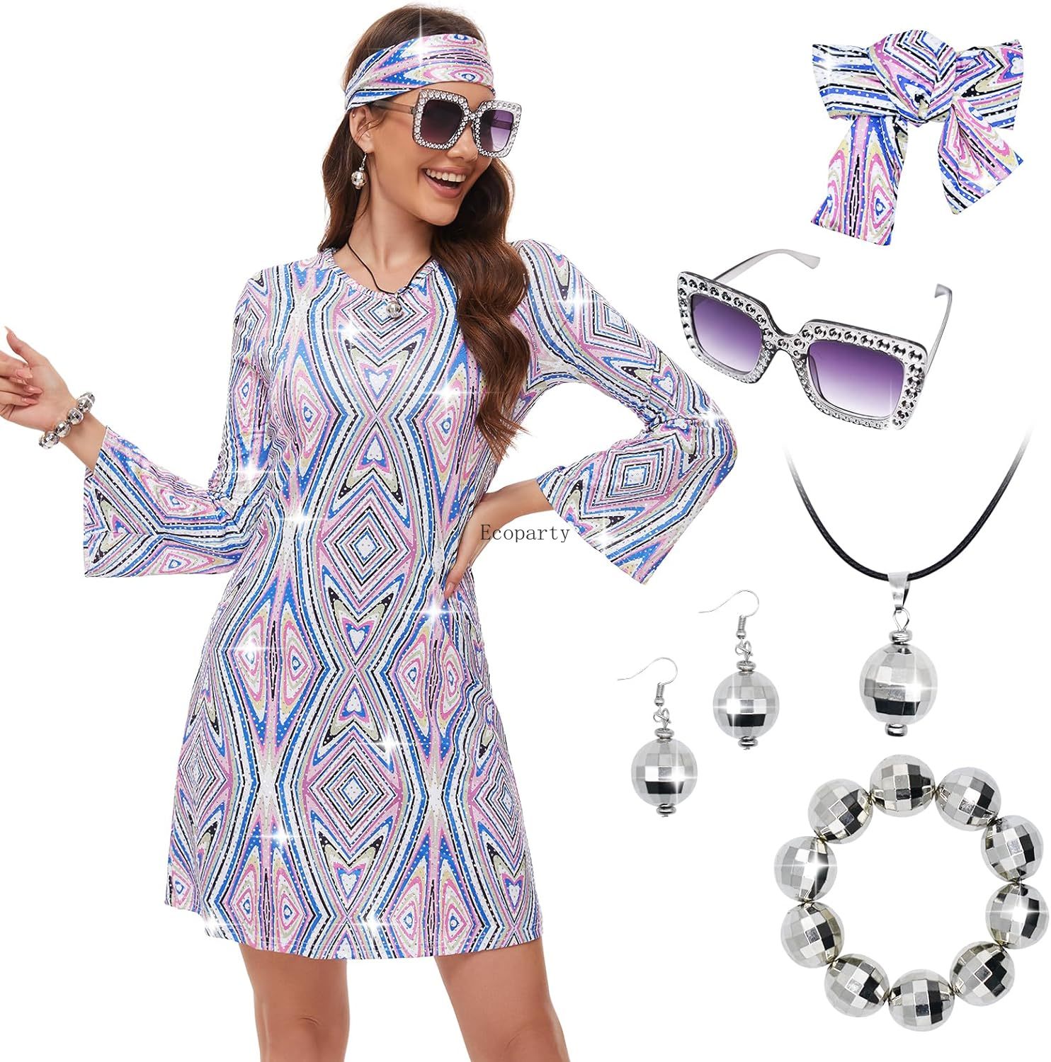 Women'S Fashion From The 70S - Disfraz 70年代女性ディスコドレスヒッピーコスチュームネックレスイヤリングメガネ、60年代70年代誕生日衣装、1970年代プロムブリンブリンドレス