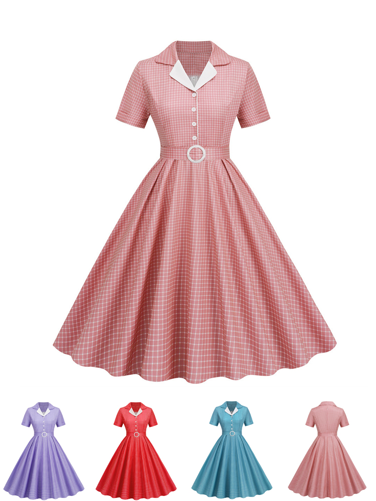 Women'S Fashion From The 60S - 格子柄ヴィンテージオフィスサマードレス レディース 2026 ファッション 半袖 レトロ