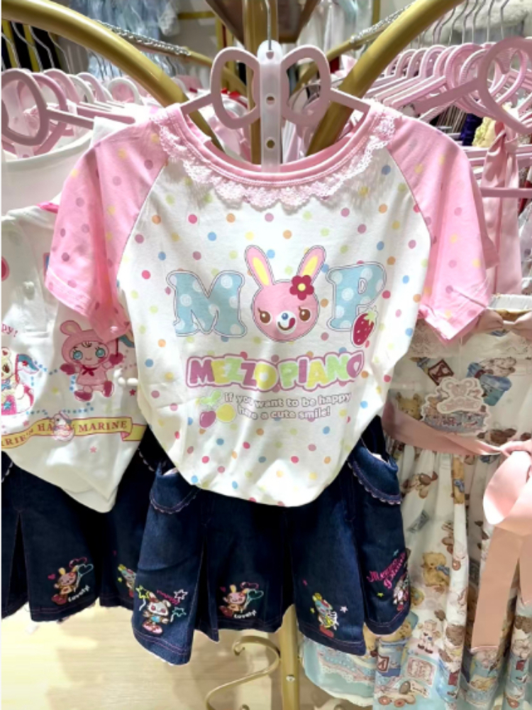 Crop Top Women - Y2KキュートプリントTシャツクロップトップミニスカートスーツ レディース 日本風カワイイスタイル カジュアル デイリー ビーチ