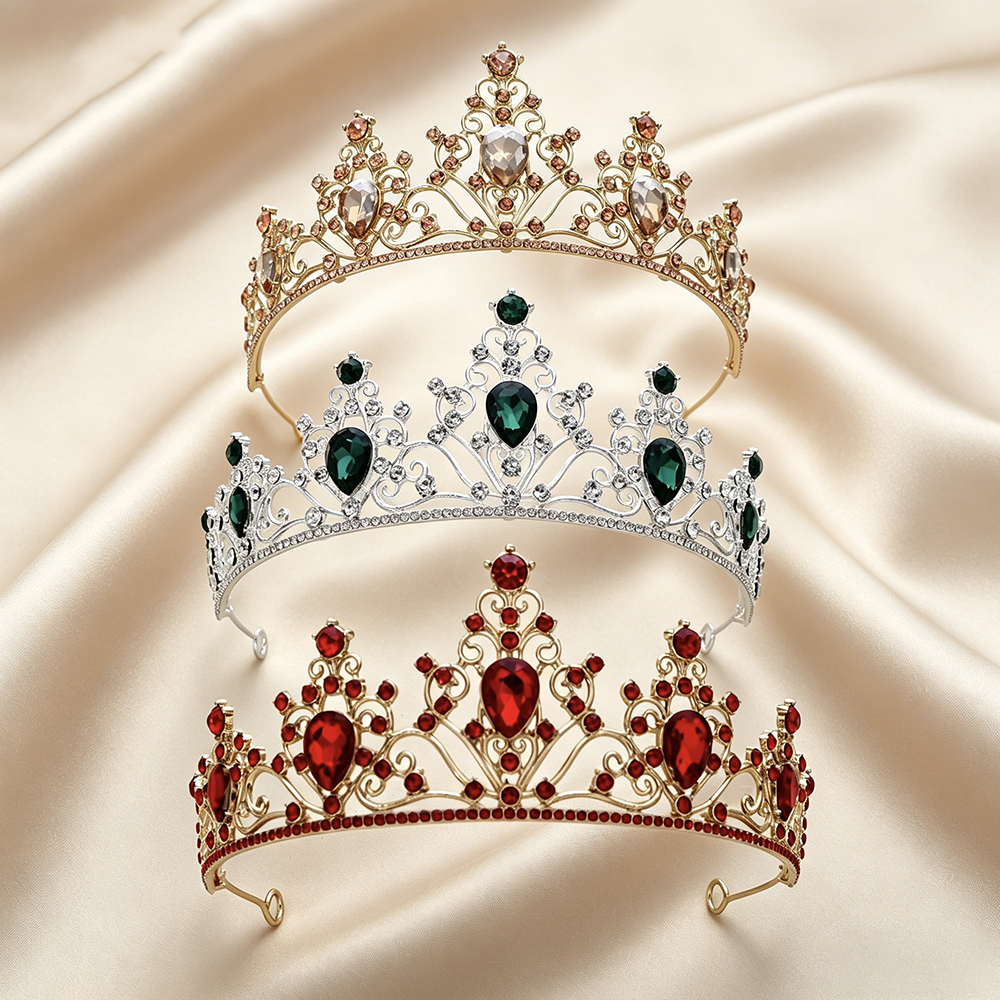 Women Queen Fashion - バロックブライダルティアラ スパークリングラインストーン クイーンクラウン エレガントロイヤルヘッドピース 結婚式 ページェント