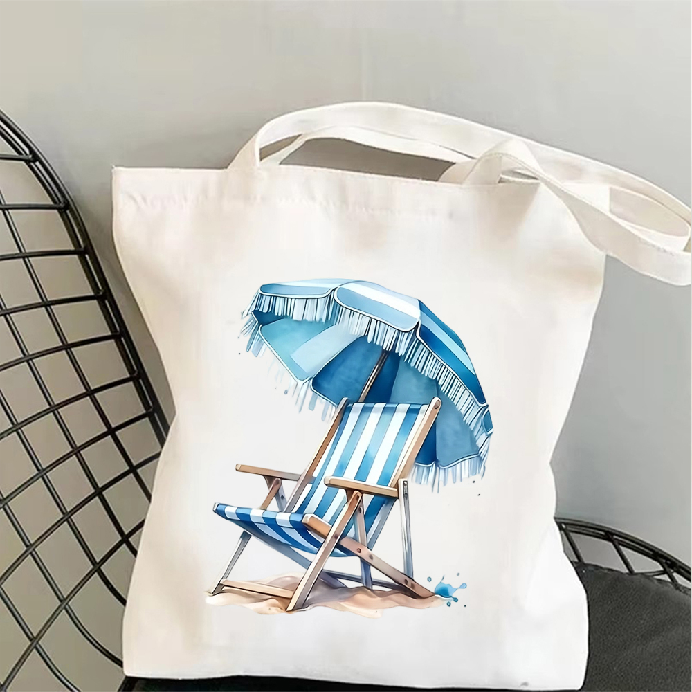 Women'S Fashion Umbrella - 水彩画のビーチチェアと傘のプリントキャンバストートバッグ女性と男性の日常使用、通勤、旅行ショッピング、毎日の通勤バッグ