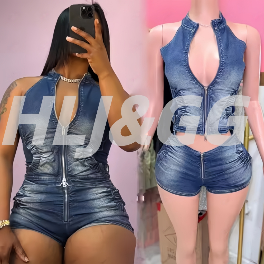 Women Fashion Jeans Top - HLJ & GG ブルーファッションデニムホルターツーピースセット女性ノースリーブバックレススリムクロップトップとスキニージーンズパンツ衣装ストリート
