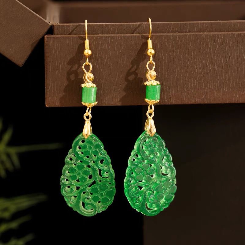 Women Fashion Jewellery - 925 シルバーナチュラルグリーン翡翠中空 DIY フェニックスイヤリングチャームジュエリーファッションアクセサリー手彫り女性お守りギフト