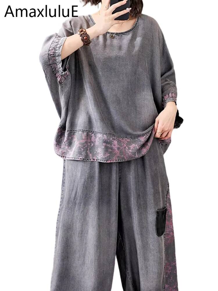 Women Fashion Jeans Top - Amax LuluE 夏服レディース高級デニム 2 点セットヴィンテージトップスプリント T