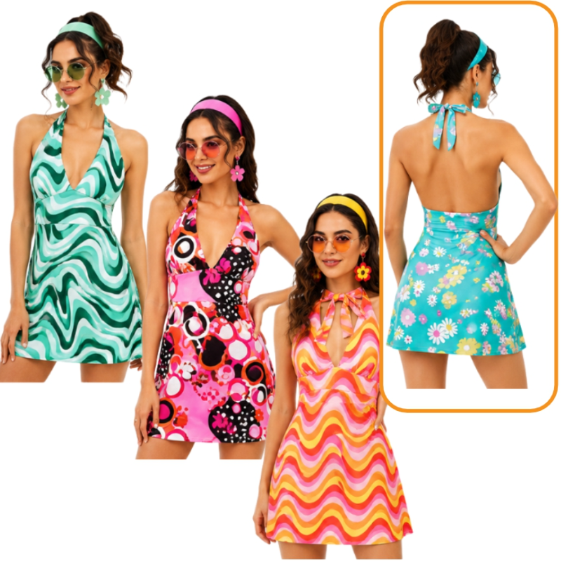 Women'S Fashion From The 70S - レトロ70年代80年代女性用ホルターネックバックレスミニドレスディスコヒップホップヴィンテージプリントノースリーブVネックワンピース水着ハロウィン衣装