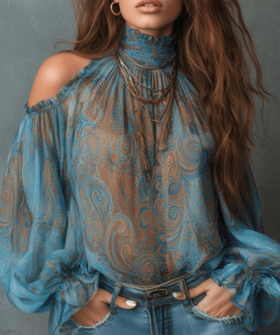 Women'S Fashion From The 70S - ボヘミアンペイズリープリントシフォントップス レディース セクシー オフショルダー フレア袖ブラウス レトロ70年代