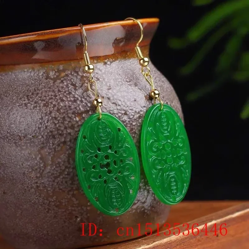 Women Fashion Jewellery - オリジナルナチュラルグリーンヒスイエメラルドバット中空イヤリングジュエリーファッションアクセサリー DIY 手彫り女性お守りギフト