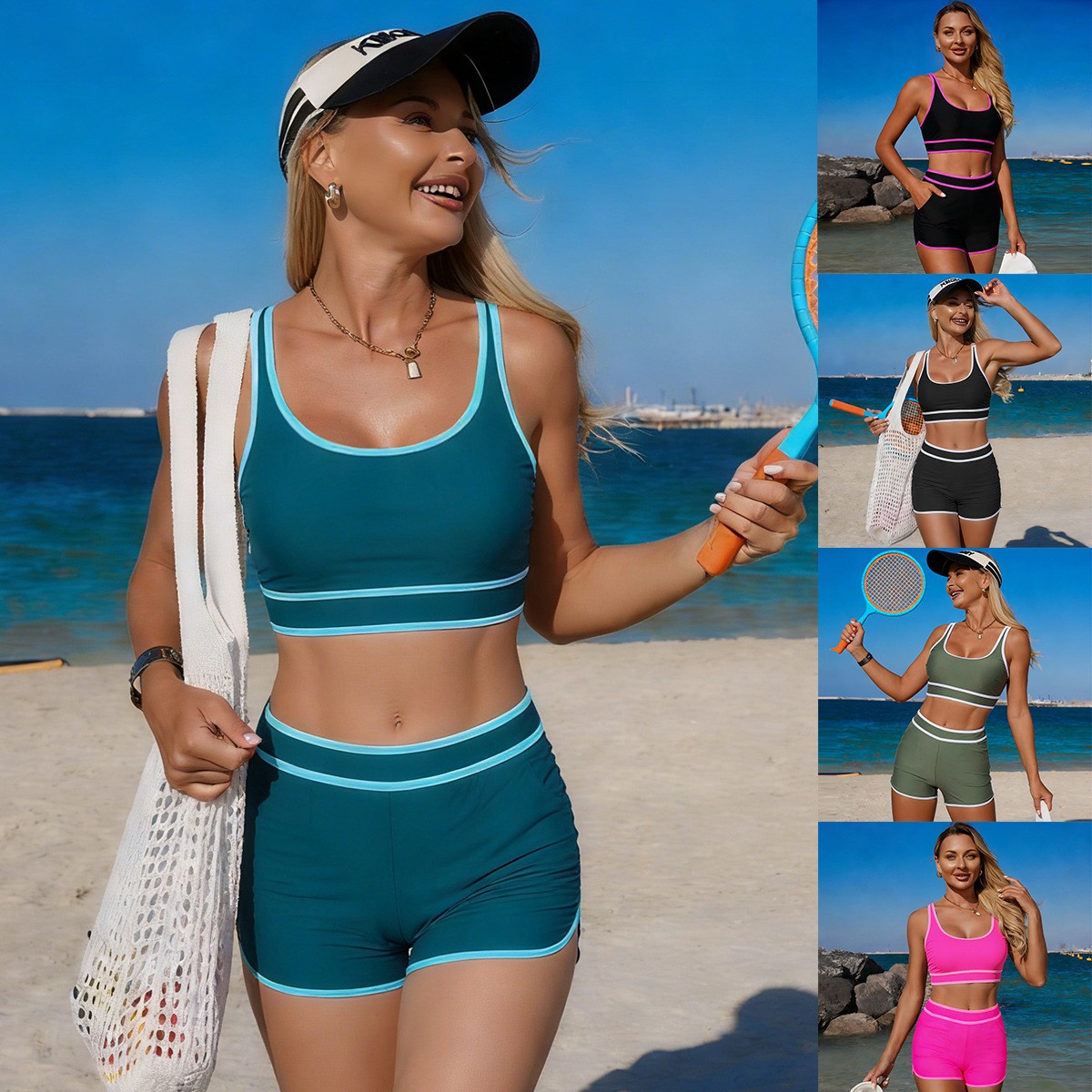 Crop Top Women - オリーブグリーンのビキニ、ノースリーブのクロップトップ、ハイウエストショーツ、ティールのビキニ、無地のクロップドミニブラックのツーピース水着、ピンクの水着