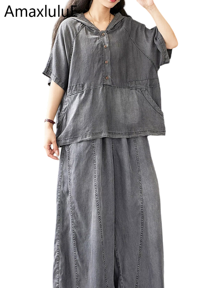 Women Fashion Jeans Top - Amax LuluE 夏フード付き 2 ピースセット女性ファッションデニムスーツカジュアルルーズトップスレジャージーンズクラシックパンツヴィンテージ衣装