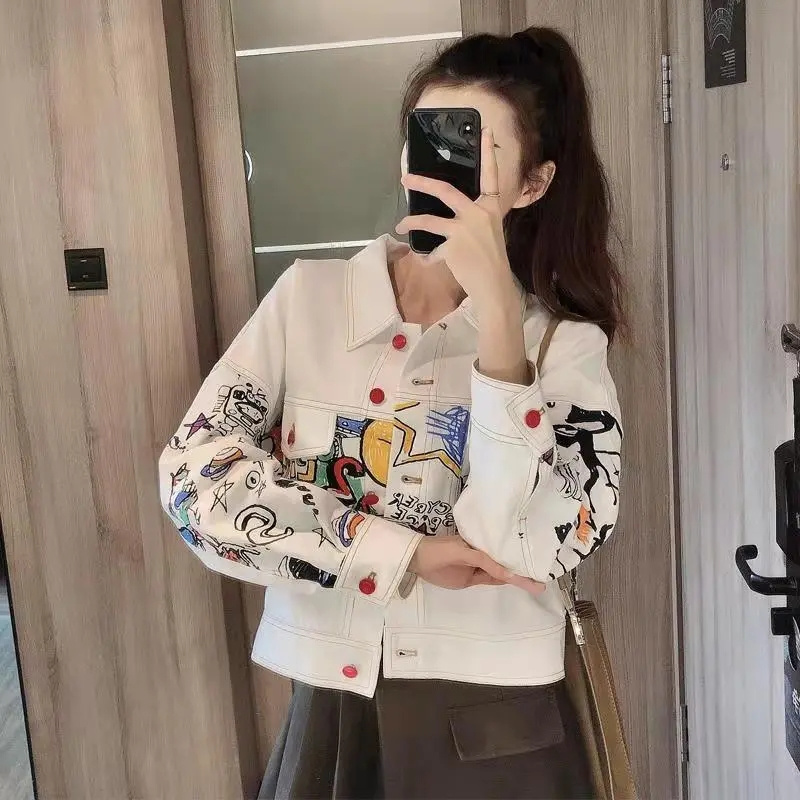 Women Fashion Jeans Top - 韓国女性のファッションレジャーカウボーイトップス生き抜く 2025 女性印刷デニムジャケット春秋のレディース長袖ジーンズコート