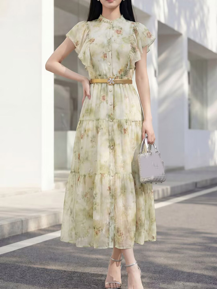 Women'S Fashion Gilded Age - JUNLINNA ファッションエレガントな女性のハイストリートドレス夏 O ネックバタフライスリーブ金箔フラワープリント Vestidos ウエストサッシュ