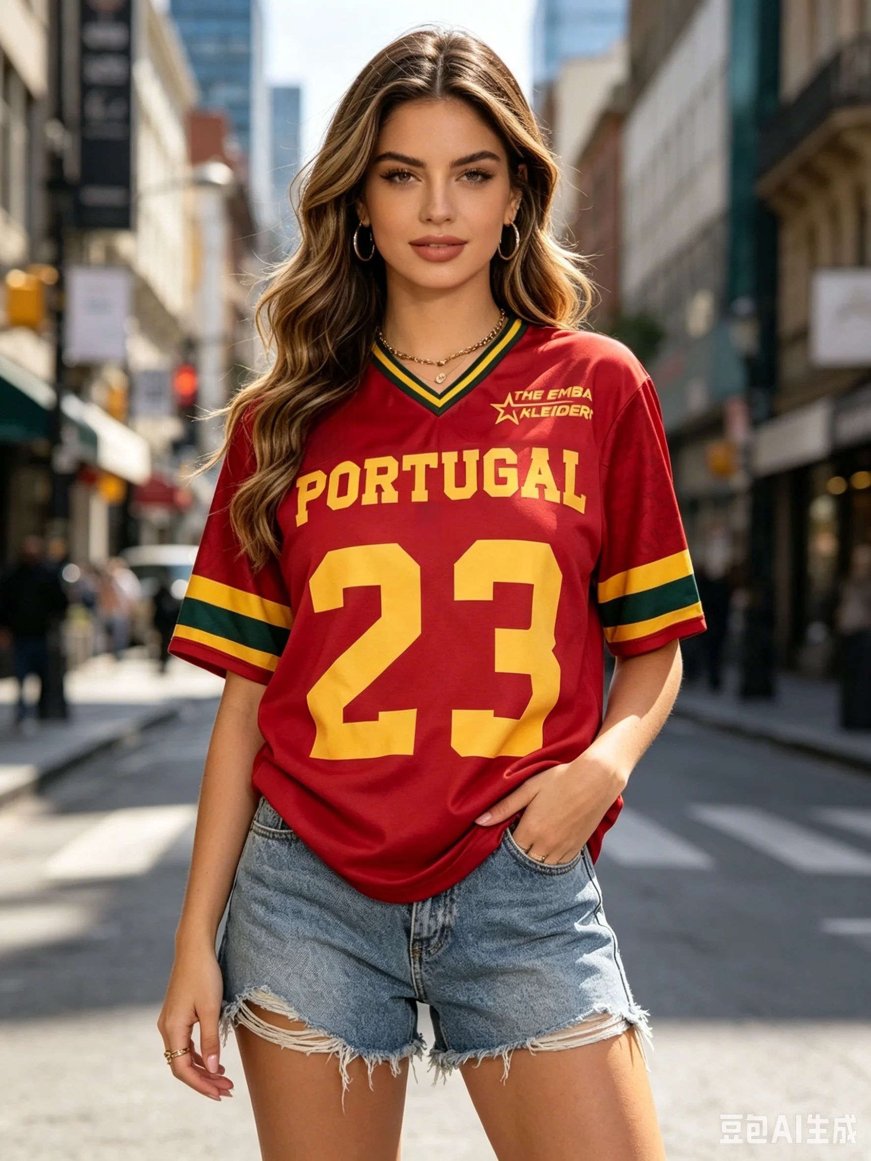 Women'S Fashion Portugal - 夏の女性のコントラストカラージャージー Tシャツポルトガル文字プリント半袖 V ネックルーズファッションストリート多用途トップ