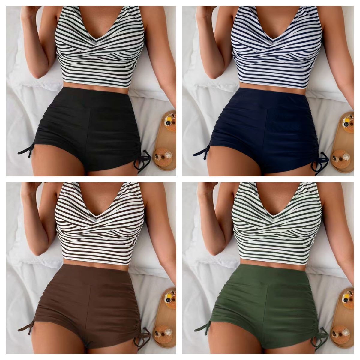 女性水着ビキニクロップトップハイウエストショーツビキニストラ - Crop Top Women のレビューと価格