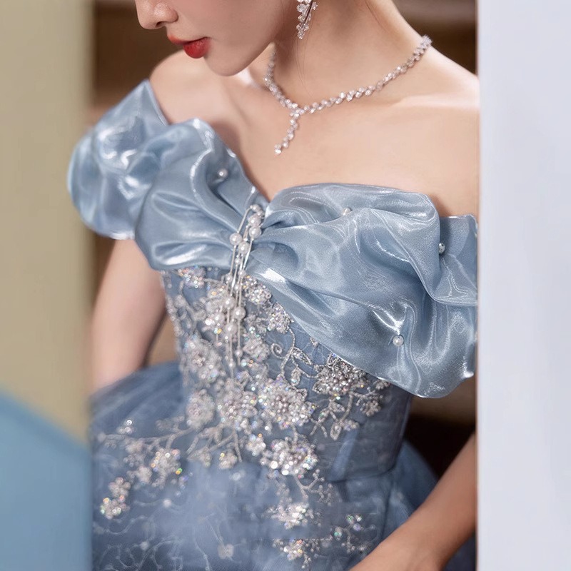 2026年女性用新作夏ワンピース　片肩刺繍入りブルーイブニン - Women'S Fashion Middle Ages のレビューと価格