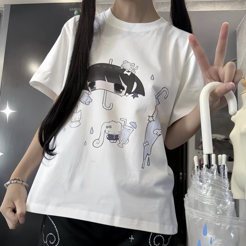 日本のかわいい傘プリント半袖女性の Tシャツ夏ルーズコットン - Women'S Fashion Umbrella のレビューと価格