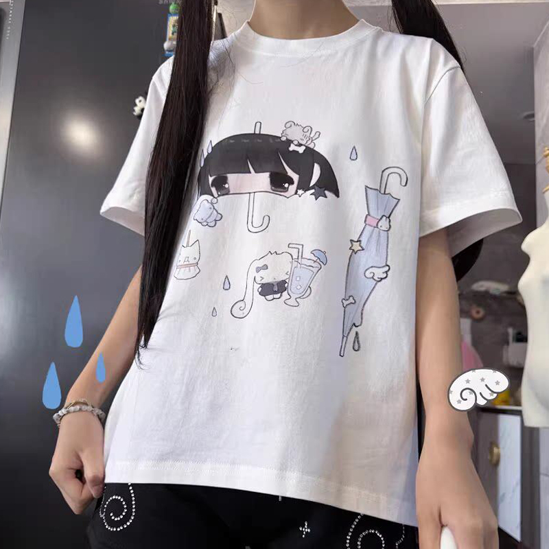 日本のかわいい傘プリント半袖女性の Tシャツ夏ルーズコットン - Women'S Fashion Umbrella のレビューと価格