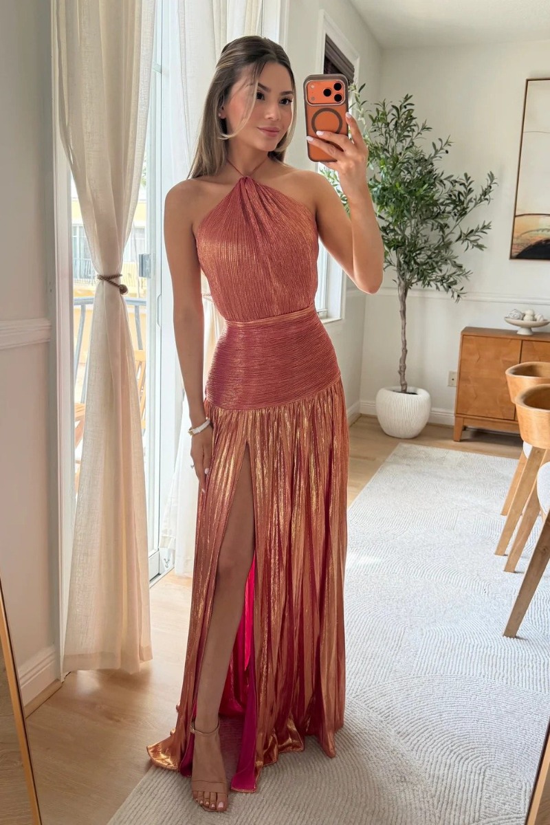 女性用メタリックゴールドコーチェストプリーツマキシパーティー - Women'S Fashion Gilded Age のレビューと価格
