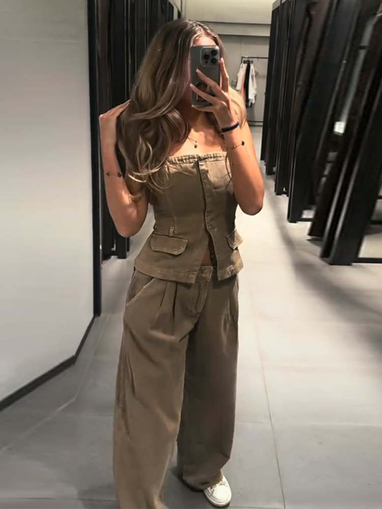 Y2K風レディースチェストラップベストパンツスーツ2026ス - Women Fashion Jeans Top のレビューと価格