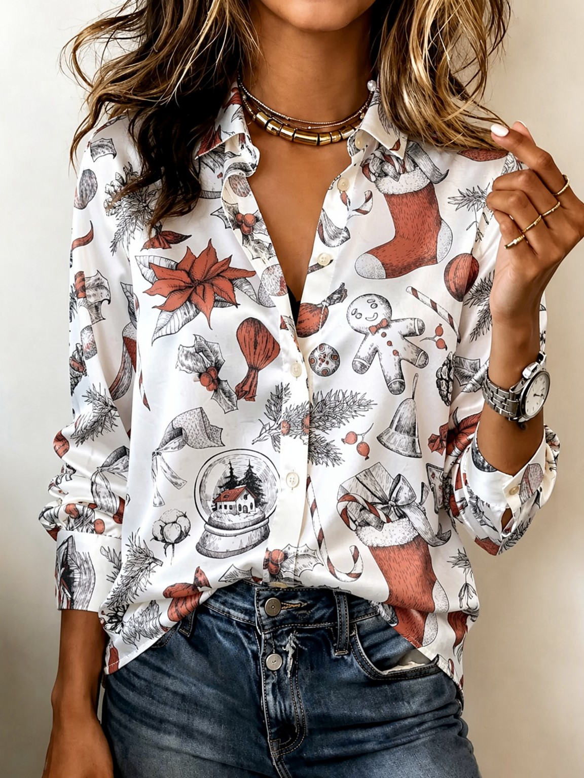 ソフトラペル長袖サテンブラウス、女性用クリスマスジンジャーブ - Women Fashion Outfits のレビューと価格