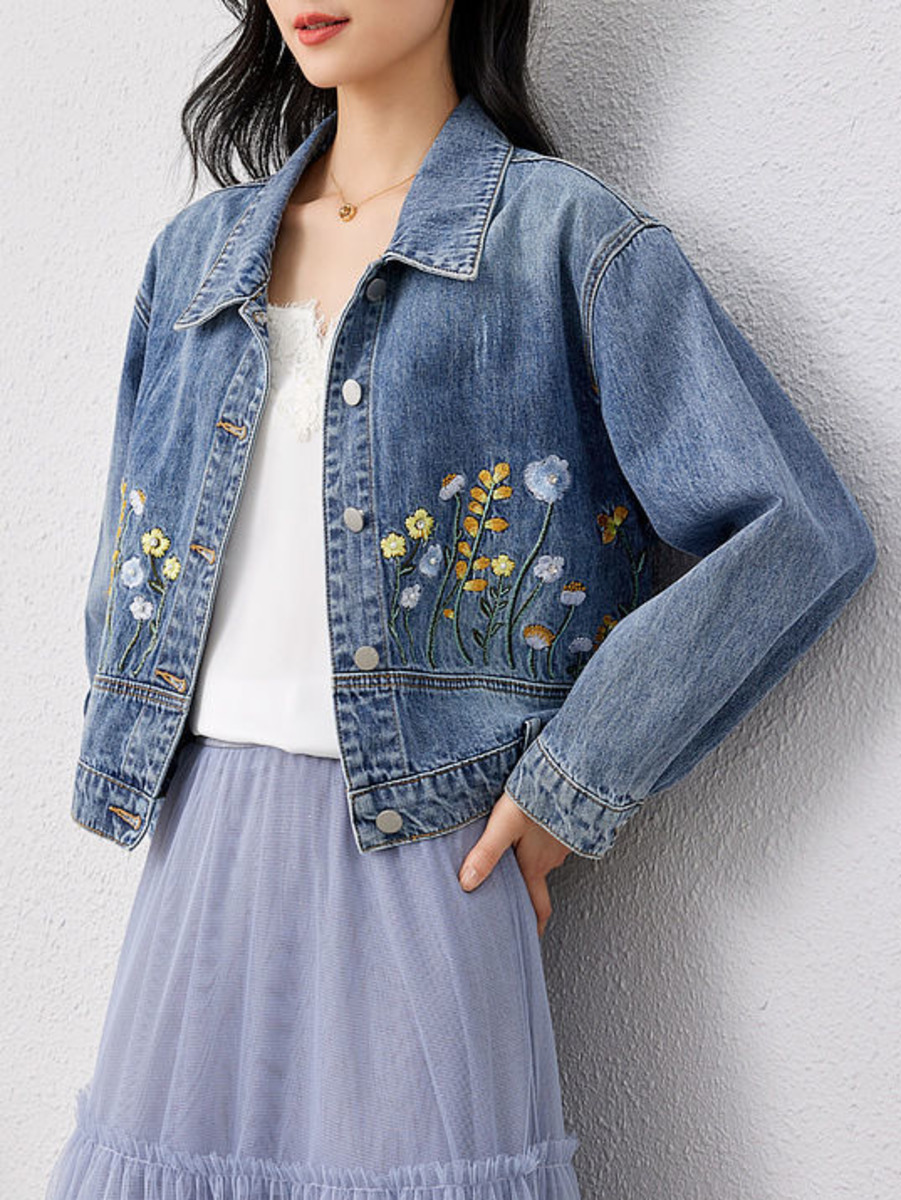 女性の刺繍入りデニムジャケット,花柄,カジュアル,ファッショ - Women Fashion Jeans Top のレビューと価格