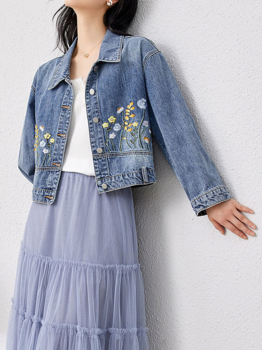 女性の刺繍入りデニムジャケット,花柄,カジュアル,ファッショ - Women Fashion Jeans Top のレビューと価格