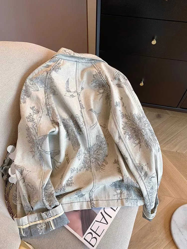 レディース ライトグレー プリント デニムジャケット ヴィン - Women Fashion Jeans Top のレビューと価格