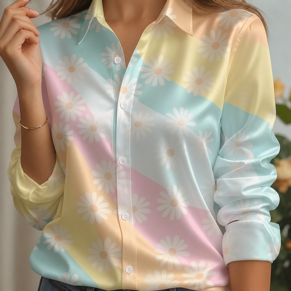 女性用サテンラペルカラーシャツ、パステルストライププリント、 - Women Fashion Outfits のレビューと価格