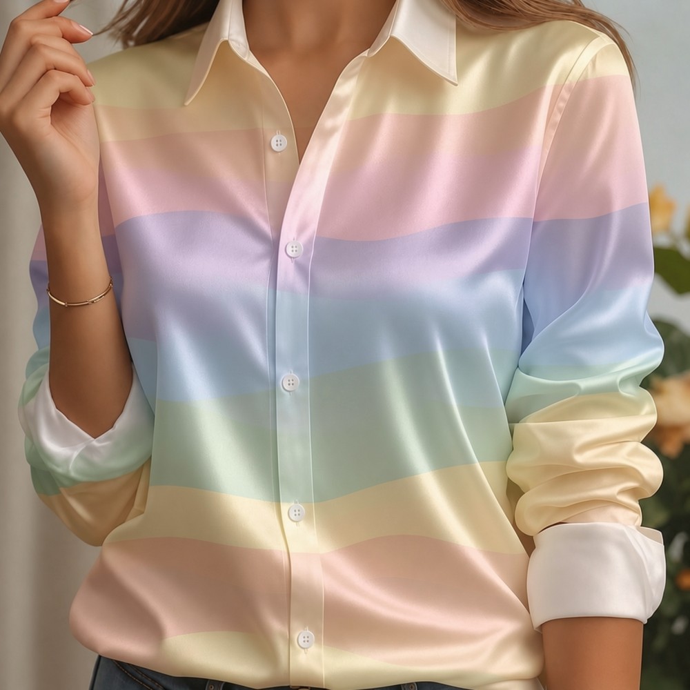 女性用サテンラペルカラーシャツ、パステルストライププリント、 - Women Fashion Outfits のレビューと価格