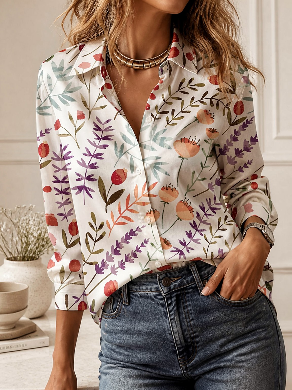 カジュアルオールマッチ襟付きブラウス、女性用長袖ルーズフィッ - Women Fashion Outfits のレビューと価格