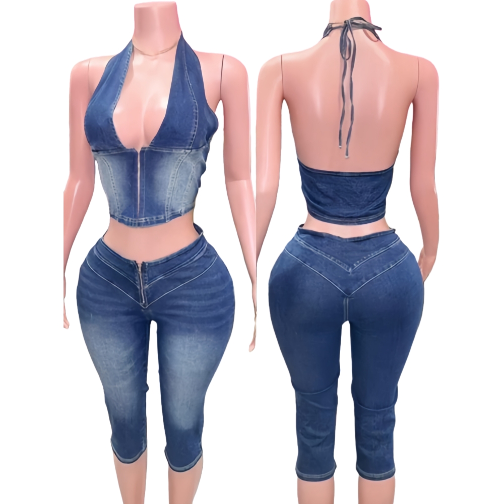 HLJ & GG ブルーファッションデニムホルターツーピース - Women Fashion Jeans Top のレビューと価格