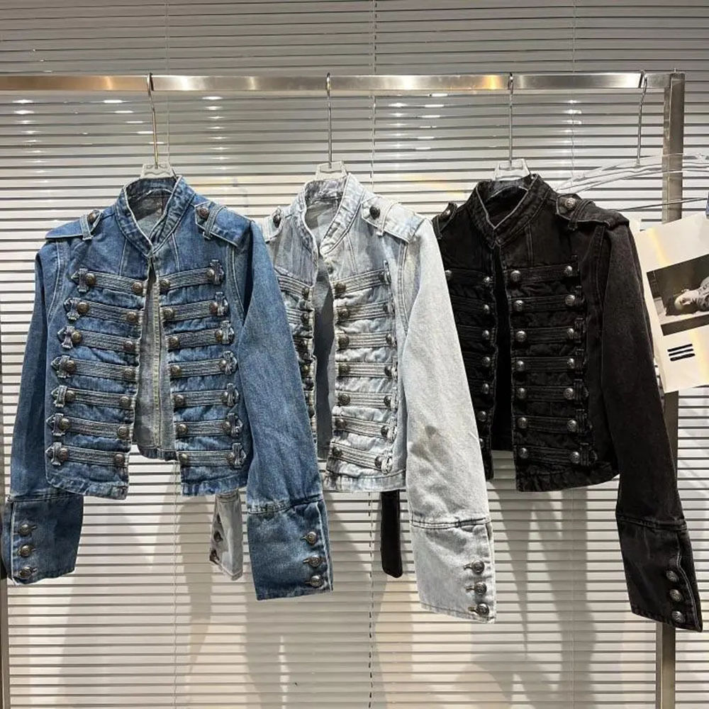 女性用メタルリブデニムジャケット,ボタン付きショートスリムコ - Women Fashion Jeans Top のレビューと価格
