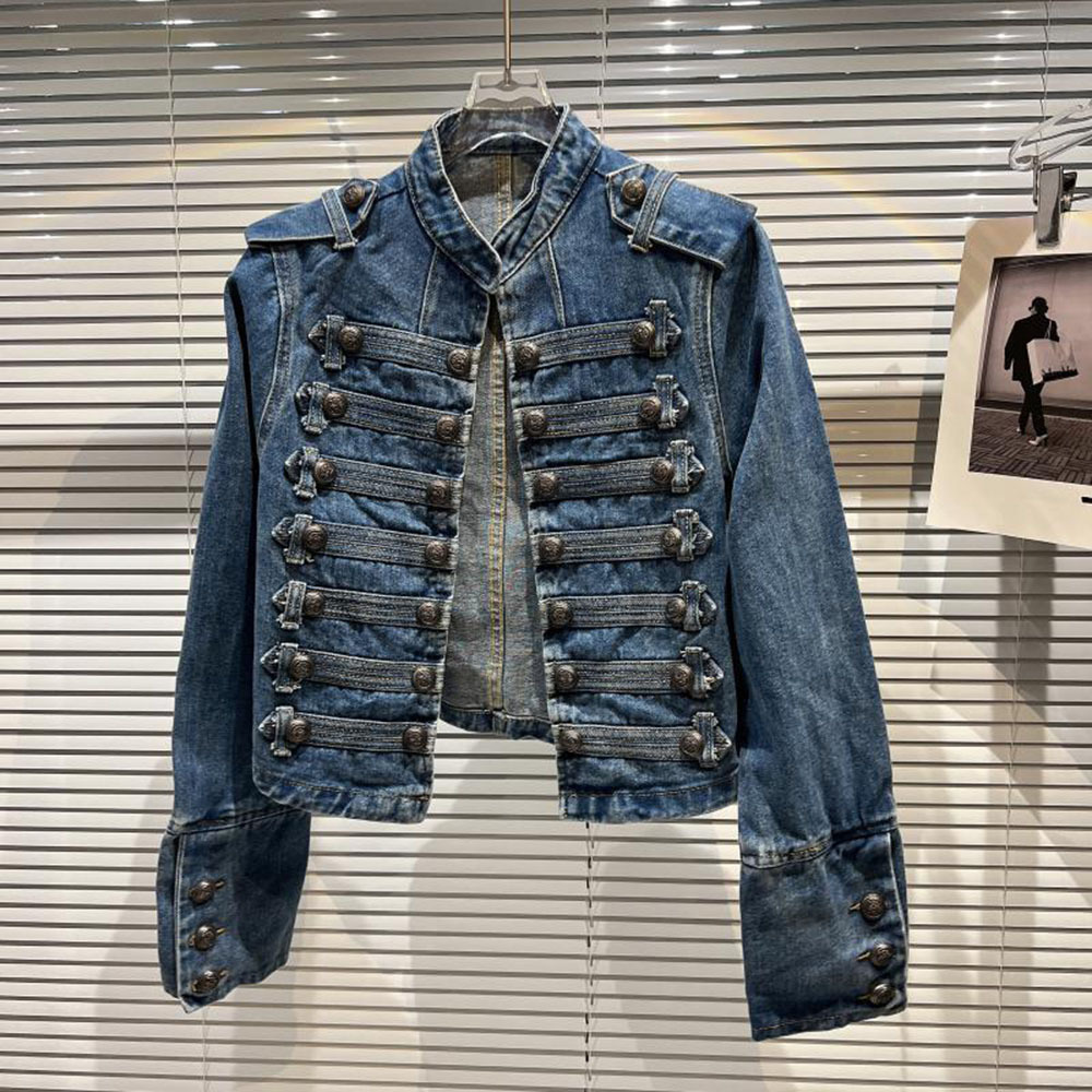 女性用メタルリブデニムジャケット,ボタン付きショートスリムコ - Women Fashion Jeans Top のレビューと価格